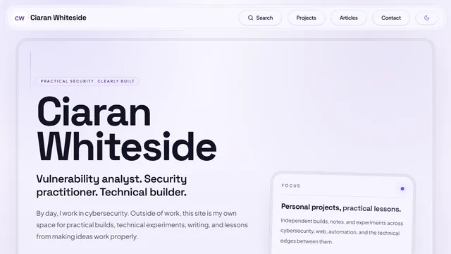 The ciaranwhiteside.com homepage: the portfolio hero with the oversized "Ciaran Whiteside" wordmark and a Focus summary card.